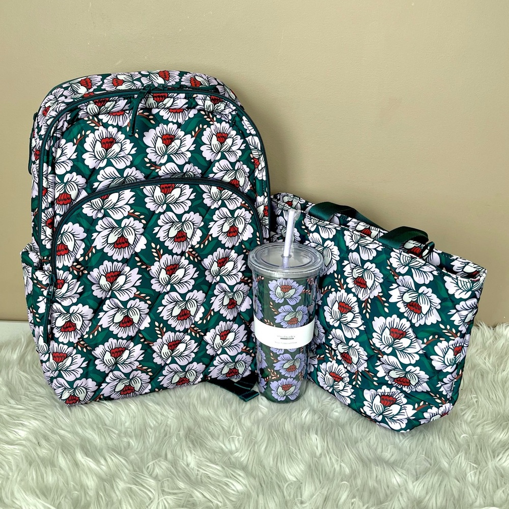 {Vera Bradley} Essential Large Backpack, Lunch Tote, & Tumbler in Lotus Sea Moss